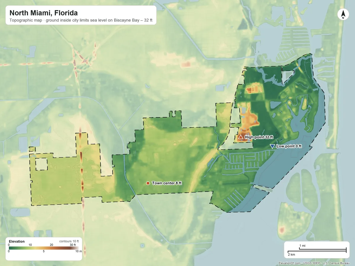 Topographic elevation map of North Miami, Florida, shaded from sea level level on Biscayne Bay to 32 ft on the northeast side