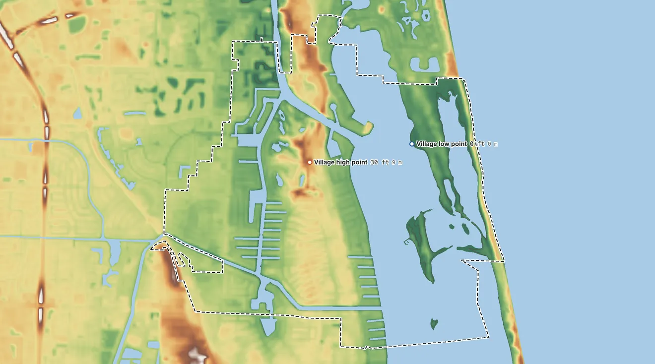 Topographic elevation map of North Palm Beach, Florida, shaded from sea level level on the Atlantic Ocean to 30 ft near the middle