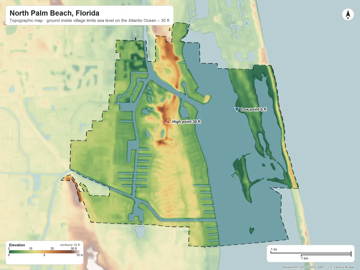 Topographic elevation map of North Palm Beach, Florida, shaded from sea level level on the Atlantic Ocean to 30 ft near the middle