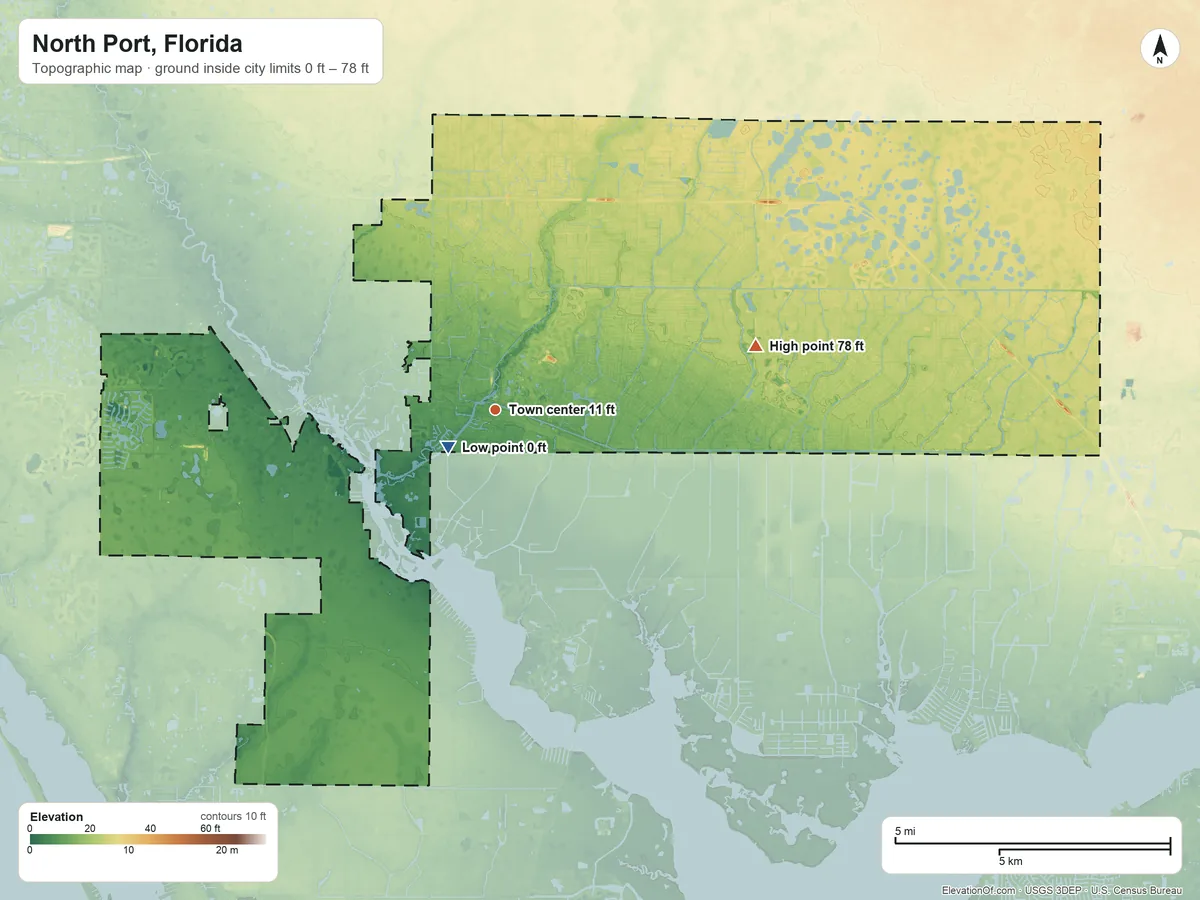 Topographic elevation map of North Port, Florida, shaded from 0 ft near the middle to 78 ft on the east side
