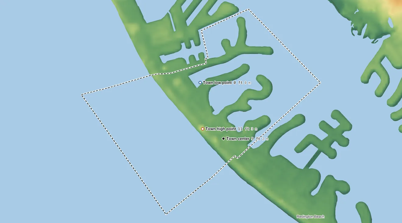 Topographic elevation map of North Redington Beach, Florida, shaded from sea level level on Boca Ciega Bay to 11 ft near the middle