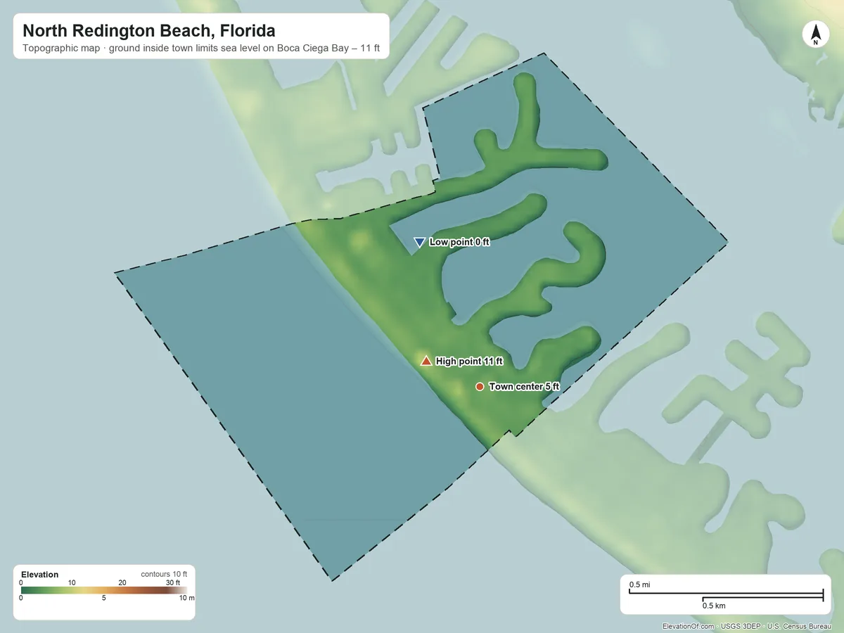 Topographic elevation map of North Redington Beach, Florida, shaded from sea level level on Boca Ciega Bay to 11 ft near the middle