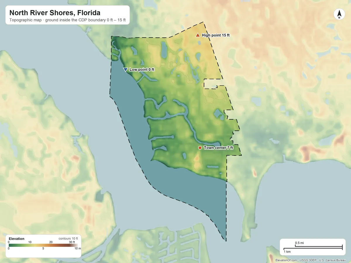 Topographic elevation map of North River Shores, Florida, shaded from 0 ft on the northwest side to 15 ft on the north side