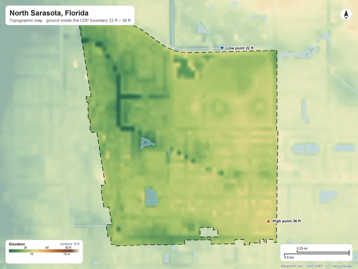 Topographic elevation map of North Sarasota, Florida, shaded from 22 ft on the north side to 36 ft on the southeast side