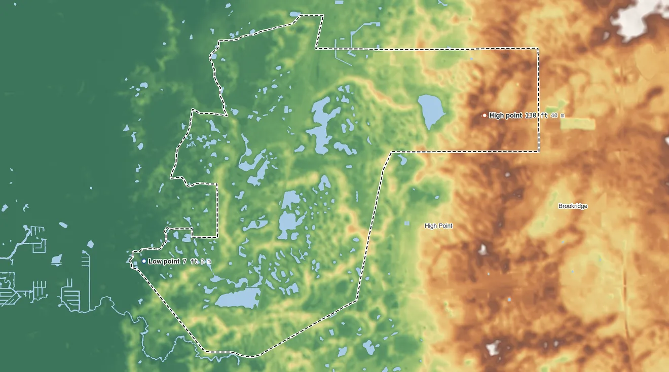 Topographic elevation map of North Weeki Wachee, Florida, shaded from 7 ft on the west side to 130 ft on the northeast side
