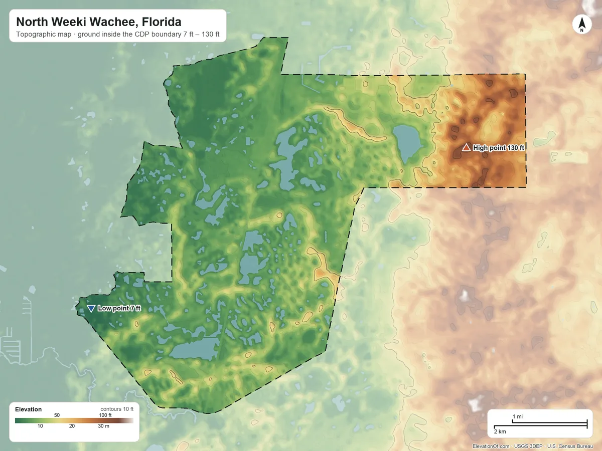 Topographic elevation map of North Weeki Wachee, Florida, shaded from 7 ft on the west side to 130 ft on the northeast side