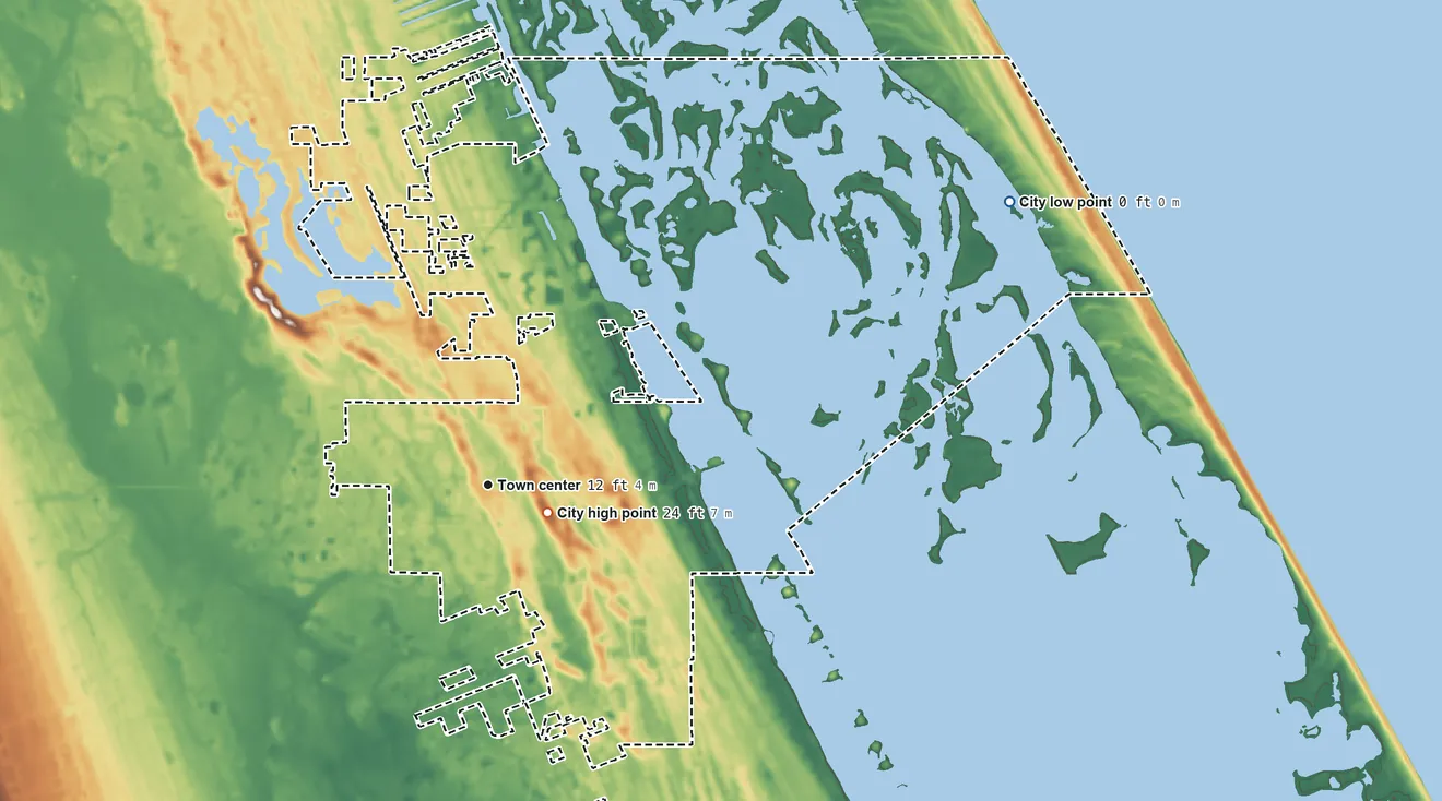Topographic elevation map of Oak Hill, Florida, shaded from sea level level on the Atlantic Ocean to 24 ft near the middle