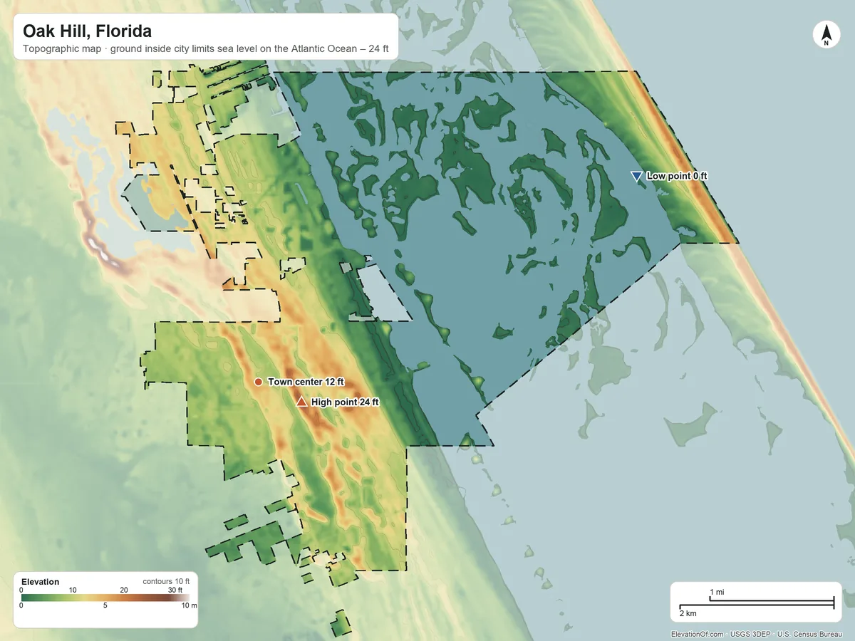 Topographic elevation map of Oak Hill, Florida, shaded from sea level level on the Atlantic Ocean to 24 ft near the middle