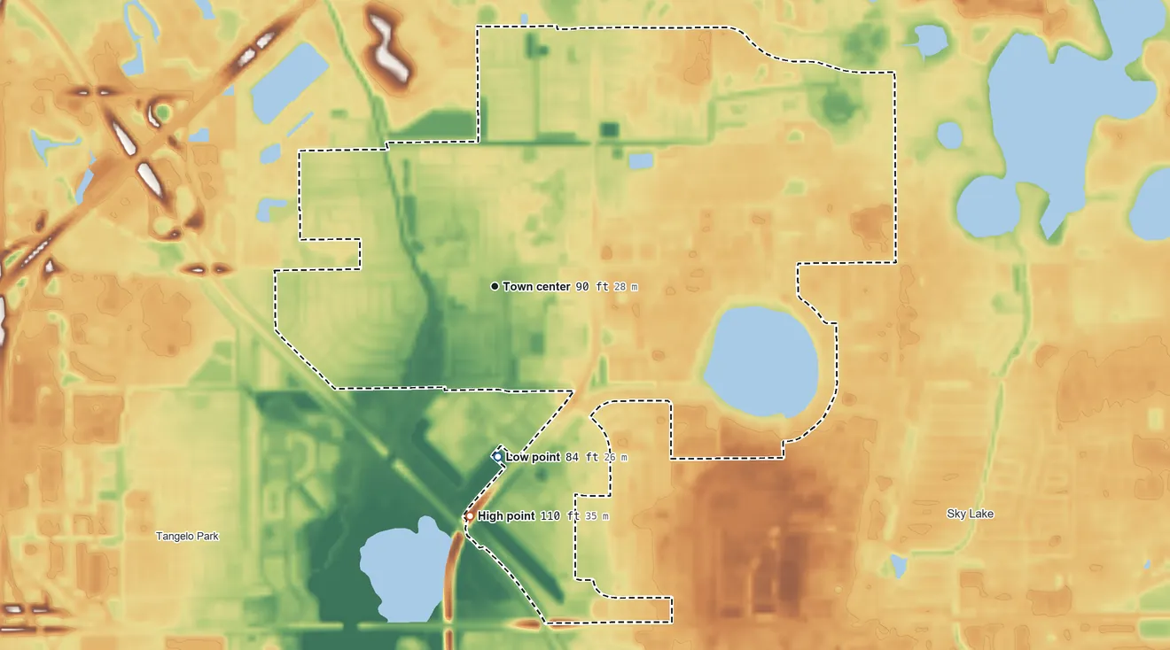 Topographic elevation map of Oak Ridge, Florida, shaded from 84 ft on the south side to 110 ft on the south side