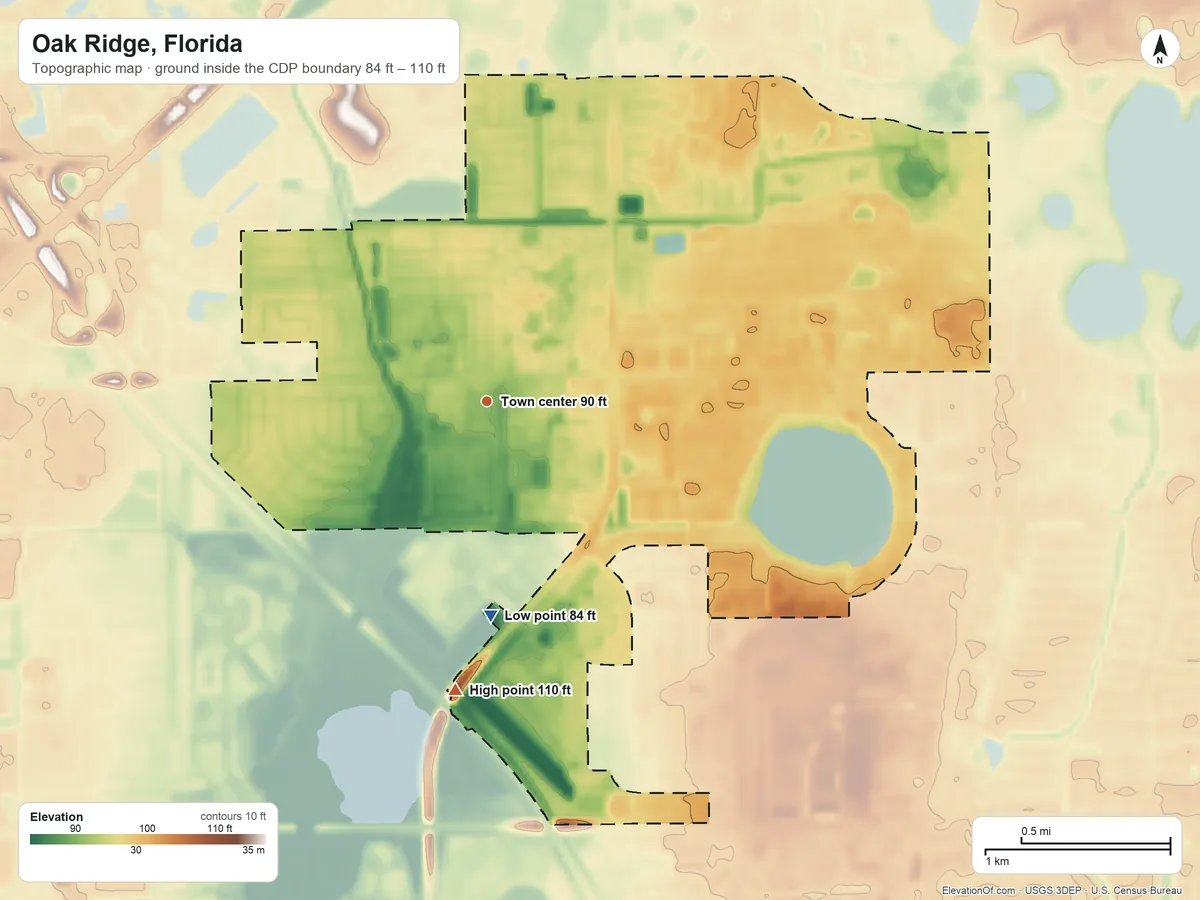 Topographic elevation map of Oak Ridge, Florida, shaded from 84 ft on the south side to 110 ft on the south side