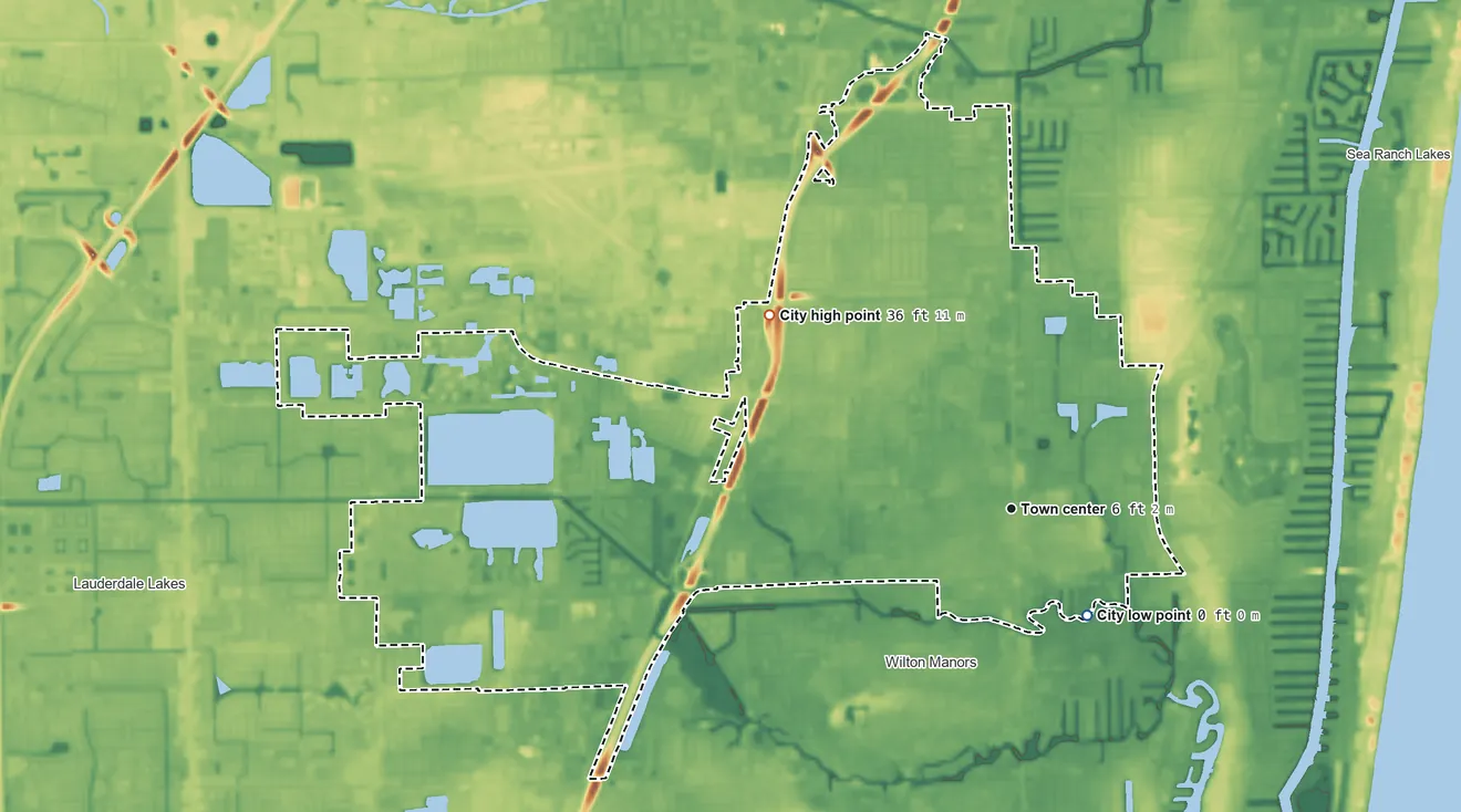 Topographic elevation map of Oakland Park, Florida, shaded from 0 ft on the southeast side to 36 ft on the northwest side