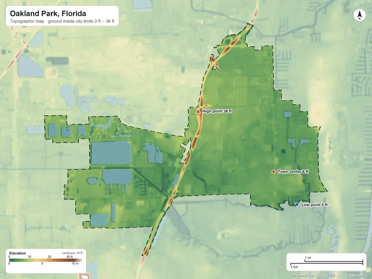 Topographic elevation map of Oakland Park, Florida, shaded from 0 ft on the southeast side to 36 ft on the northwest side