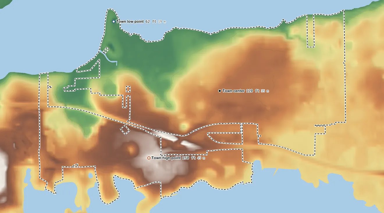 Topographic elevation map of Oakland, Florida, shaded from 62 ft on the northwest side to 150 ft on the southwest side
