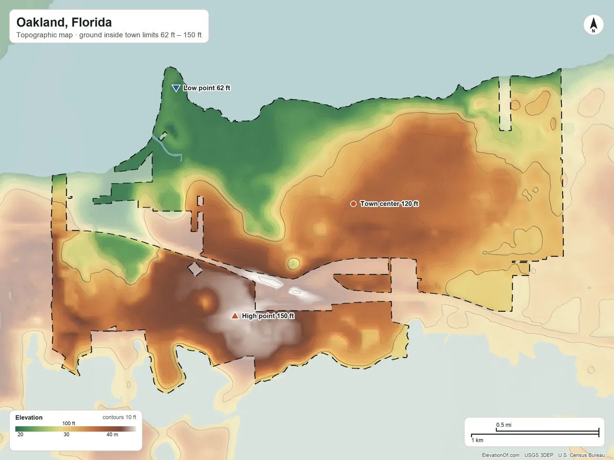 Topographic elevation map of Oakland, Florida, shaded from 62 ft on the northwest side to 150 ft on the southwest side