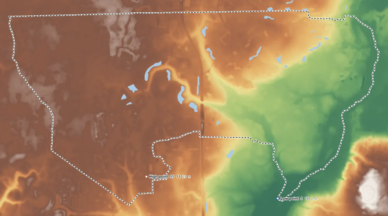 Topographic elevation map of Oakleaf Plantation, Florida, shaded from 4 ft on the southeast side to 95 ft on the southwest side