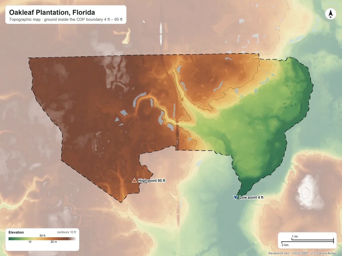 Topographic elevation map of Oakleaf Plantation, Florida, shaded from 4 ft on the southeast side to 95 ft on the southwest side