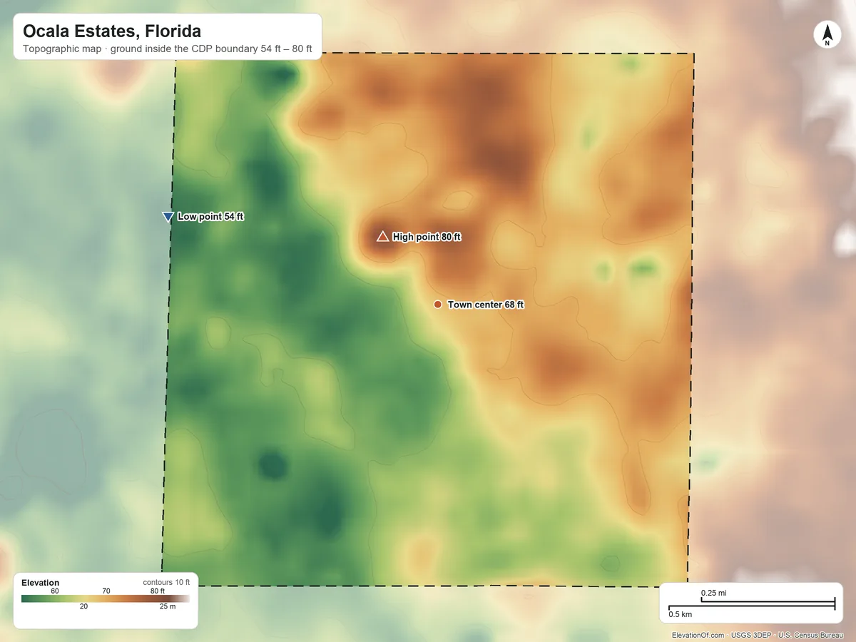 Topographic elevation map of Ocala Estates, Florida, shaded from 54 ft on the west side to 80 ft on the northwest side