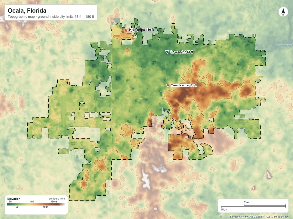Topographic elevation map of Ocala, Florida, shaded from 43 ft on the north side to 180 ft on the northwest side