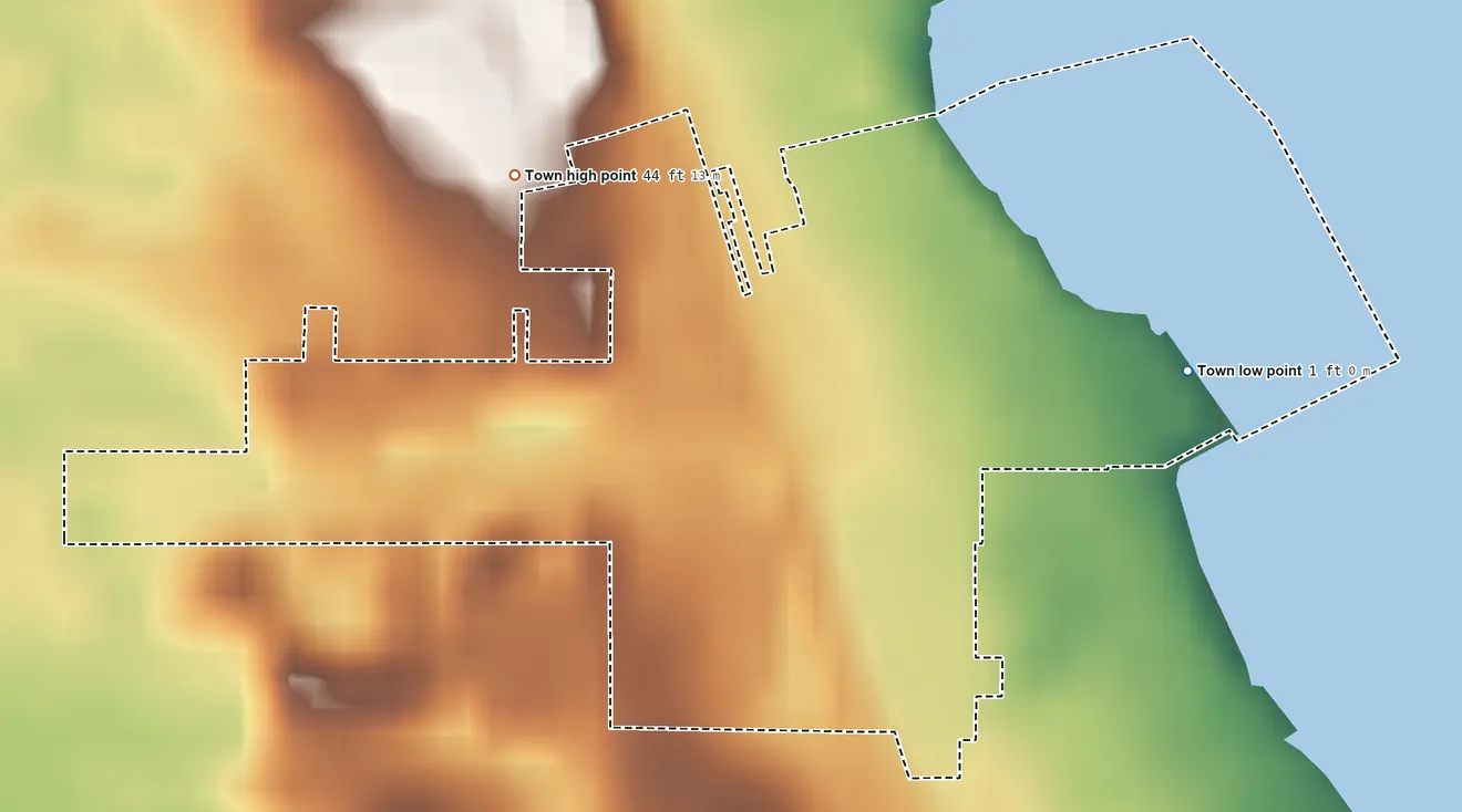 Topographic elevation map of Ocean Breeze, Florida, shaded from 1 ft on the east side to 44 ft on the west side