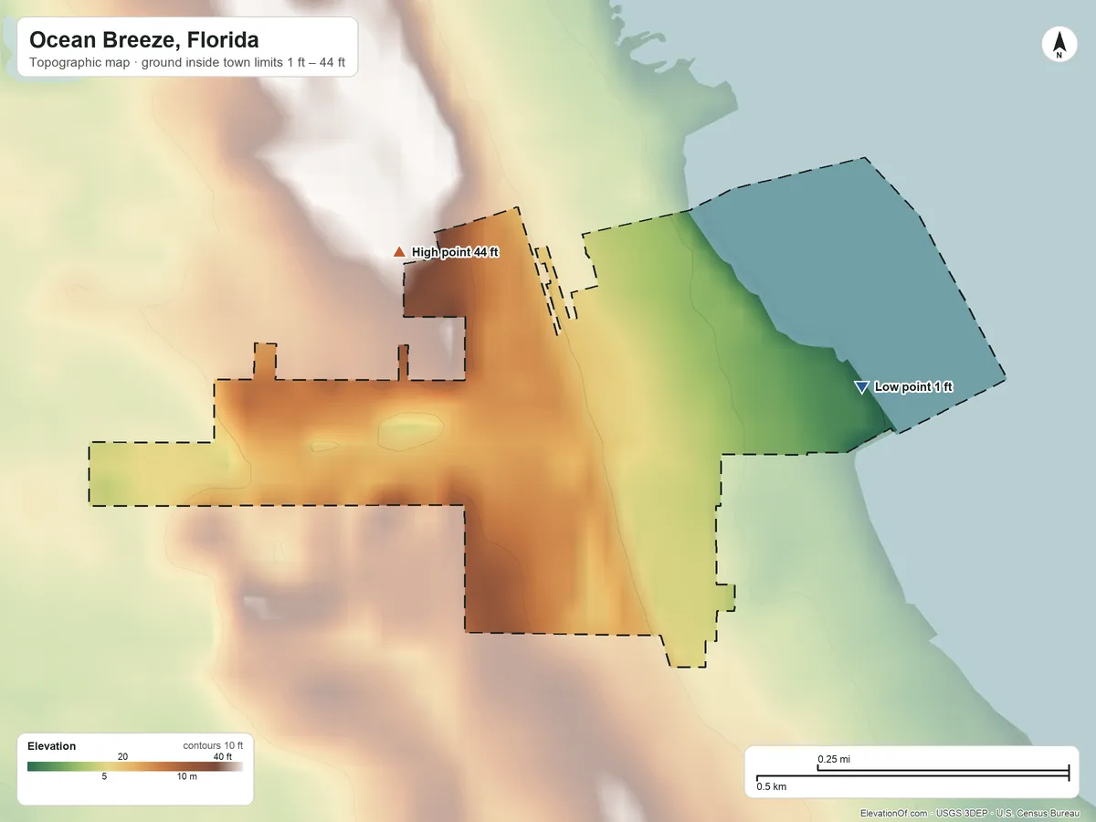 Topographic elevation map of Ocean Breeze, Florida, shaded from 1 ft on the east side to 44 ft on the west side