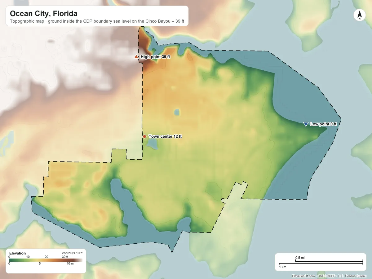 Topographic elevation map of Ocean City, Florida, shaded from sea level level on the Cinco Bayou to 39 ft on the north side