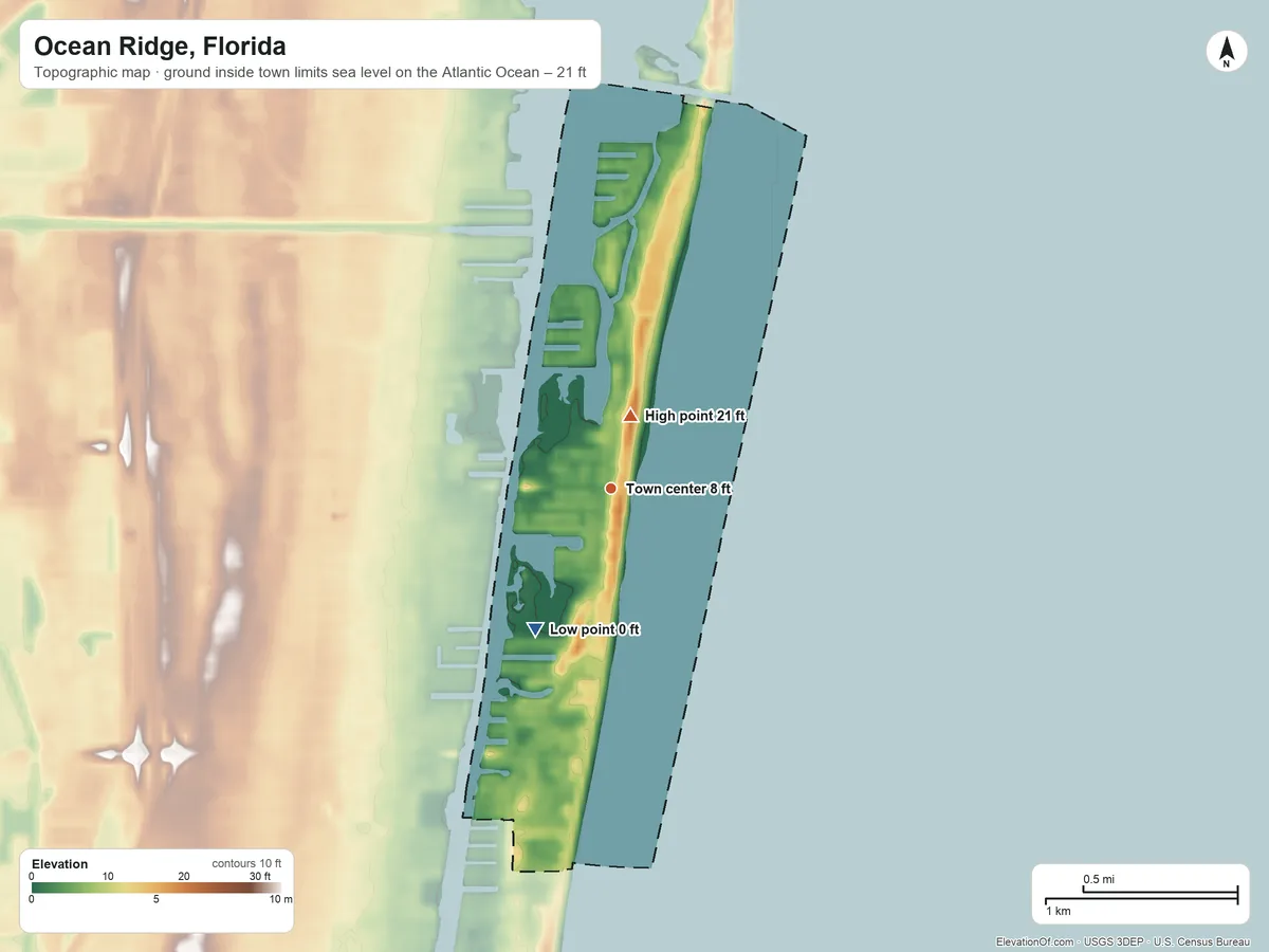 Topographic elevation map of Ocean Ridge, Florida, shaded from sea level level on the Atlantic Ocean to 21 ft near the middle