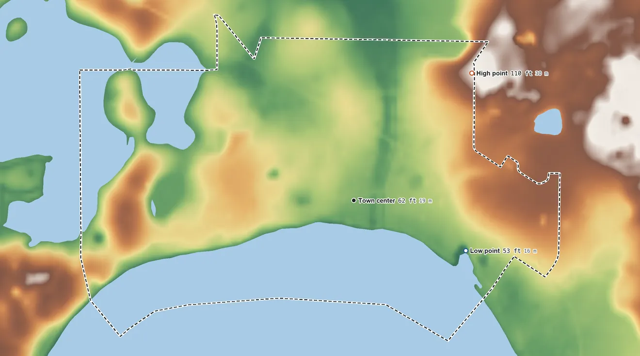 Topographic elevation map of Ocklawaha, Florida, shaded from 53 ft on the southeast side to 110 ft on the northeast side