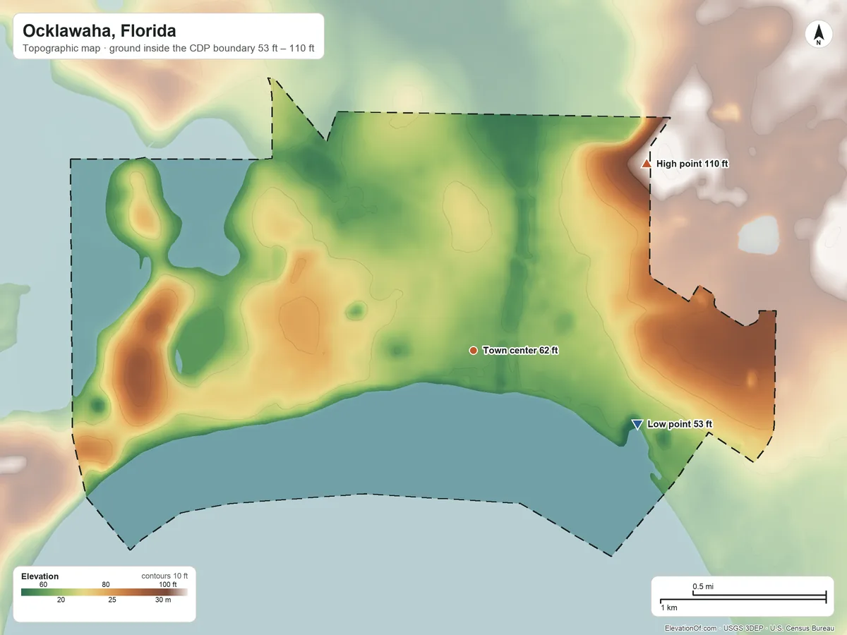 Topographic elevation map of Ocklawaha, Florida, shaded from 53 ft on the southeast side to 110 ft on the northeast side