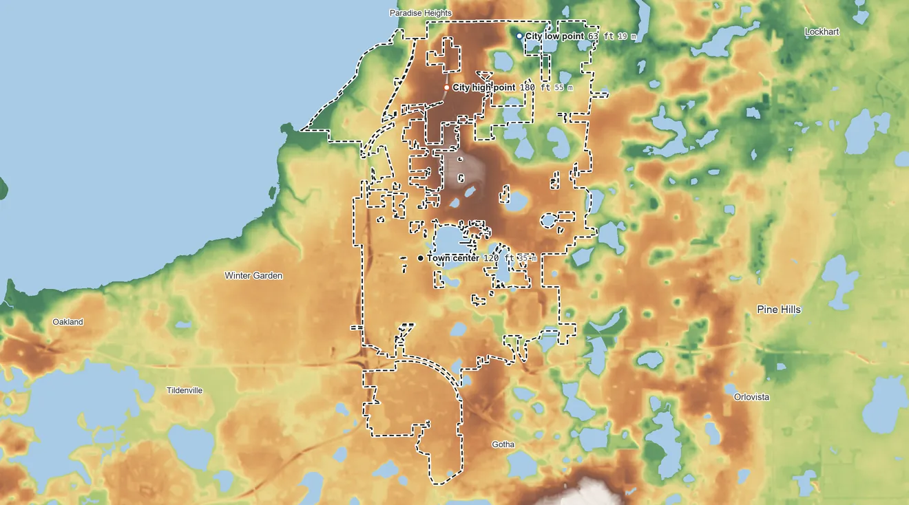 Topographic elevation map of Ocoee, Florida, shaded from 63 ft on the northeast side to 180 ft on the north side