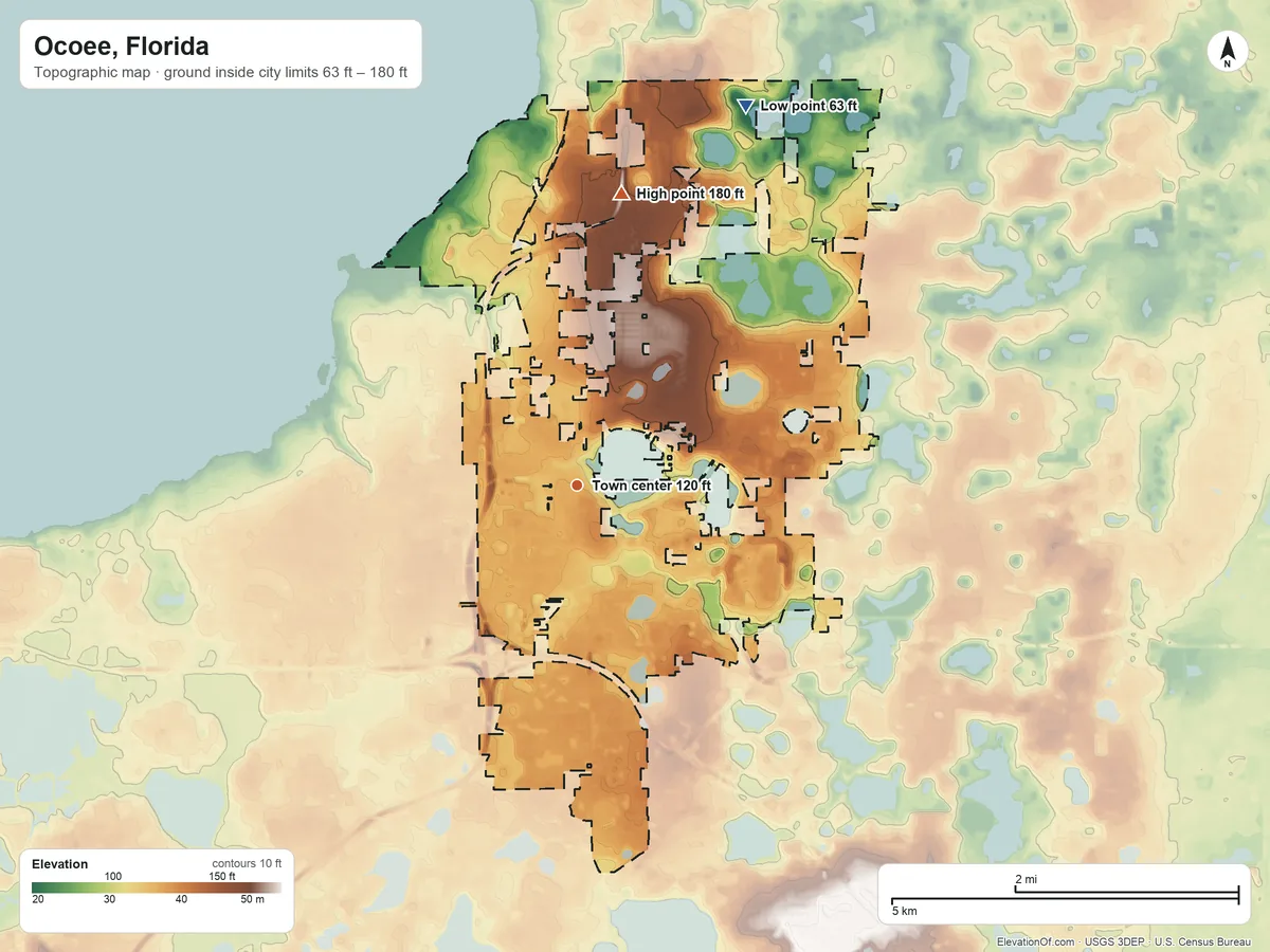 Topographic elevation map of Ocoee, Florida, shaded from 63 ft on the northeast side to 180 ft on the north side