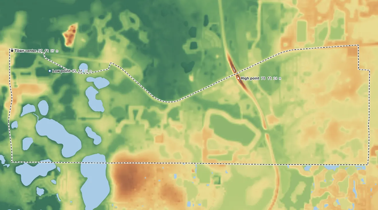 Topographic elevation map of Odessa, Florida, shaded from 45 ft on the southeast side to 78 ft on the east side