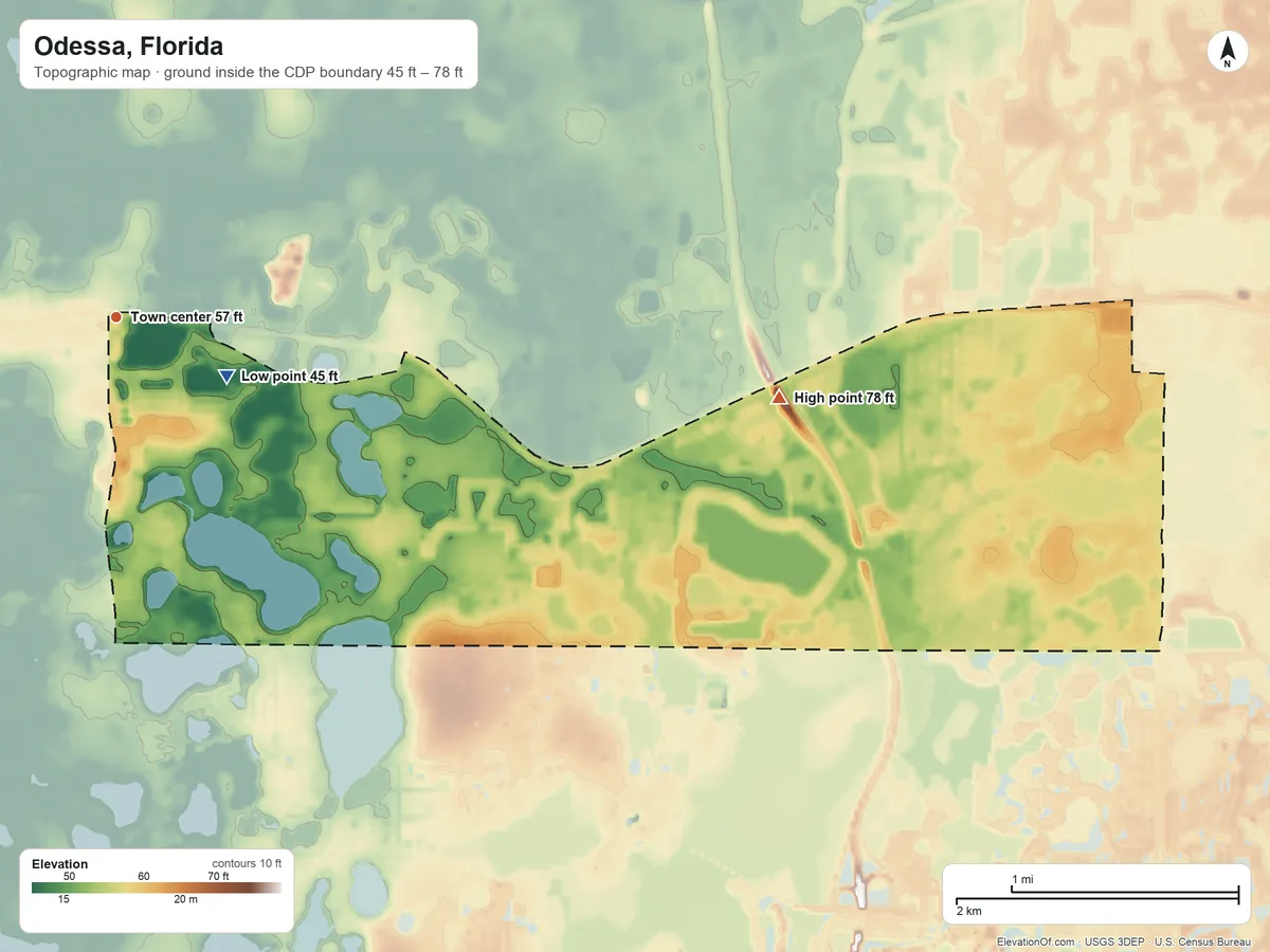 Topographic elevation map of Odessa, Florida, shaded from 45 ft on the southeast side to 78 ft on the east side