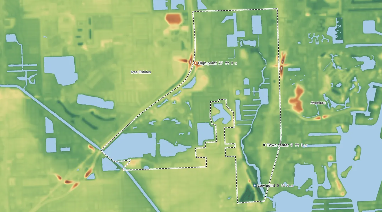 Topographic elevation map of Ojus, Florida, shaded from sea level level on Dumfounding Bay to 27 ft on the northwest side