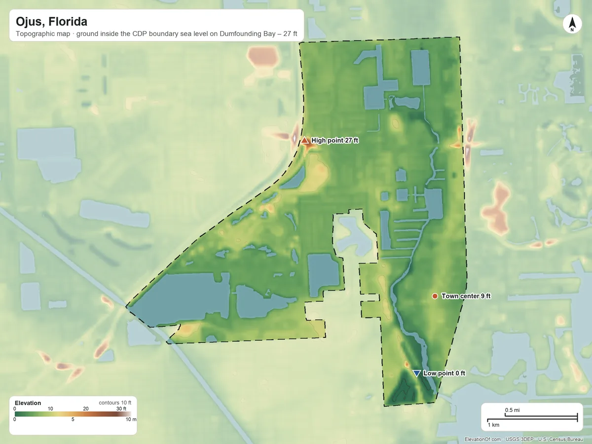 Topographic elevation map of Ojus, Florida, shaded from sea level level on Dumfounding Bay to 27 ft on the northwest side