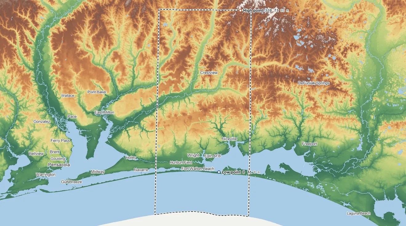 Topographic elevation map of Okaloosa County, Florida, shaded from sea level on the East Pass to 320 ft on the north side