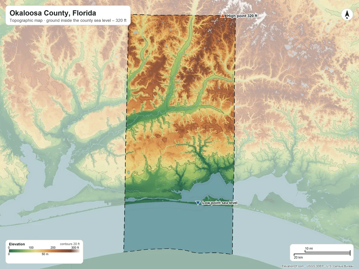 Topographic elevation map of Okaloosa County, Florida, shaded from sea level on the East Pass to 320 ft on the north side