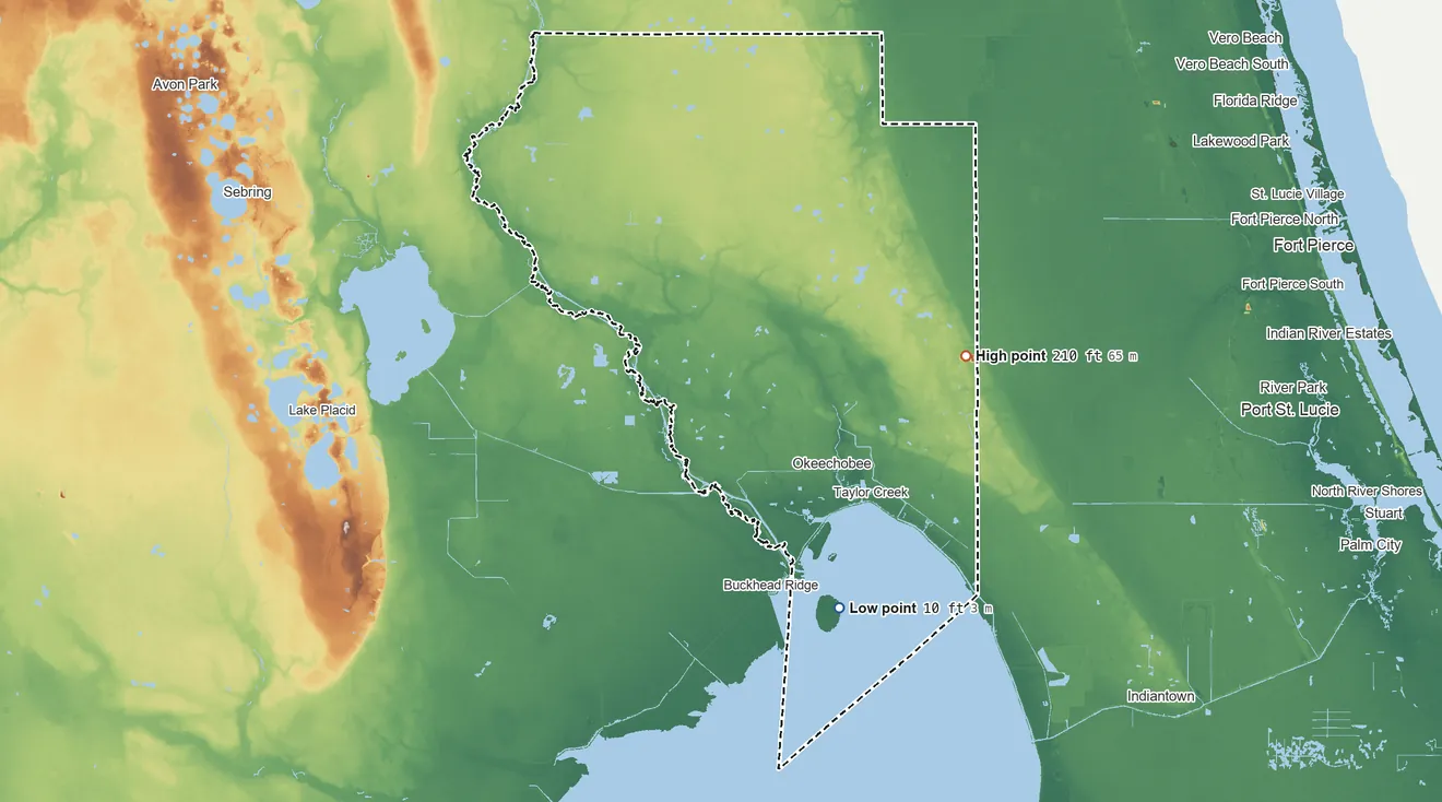 Topographic elevation map of Okeechobee County, Florida, shaded from 10 ft on the southeast side to 210 ft on the east side