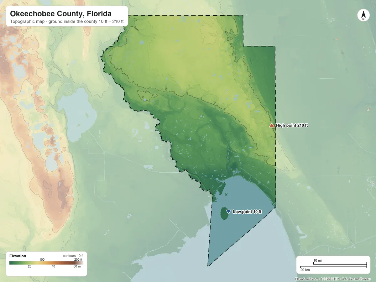 Topographic elevation map of Okeechobee County, Florida, shaded from 10 ft on the southeast side to 210 ft on the east side
