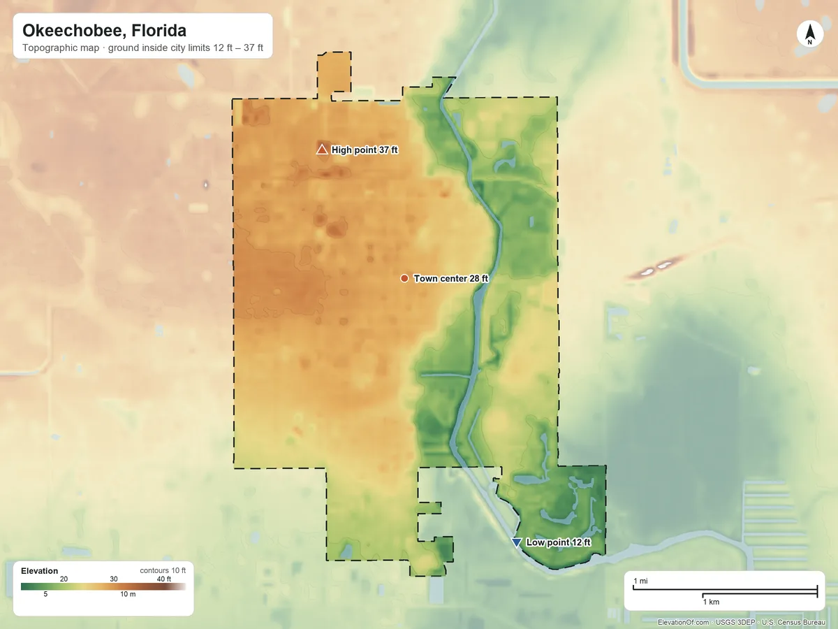 Topographic elevation map of Okeechobee, Florida, shaded from 12 ft on the southeast side to 37 ft on the northwest side