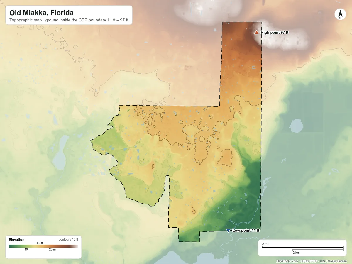 Topographic elevation map of Old Miakka, Florida, shaded from 11 ft on the southeast side to 97 ft on the northeast side