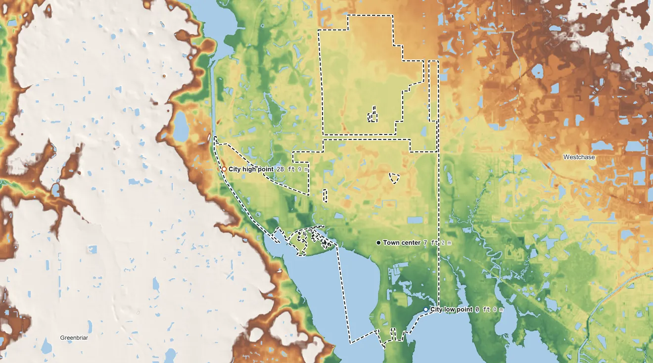 Topographic elevation map of Oldsmar, Florida, shaded from sea level level on Safety Harbor to 28 ft on the northwest side