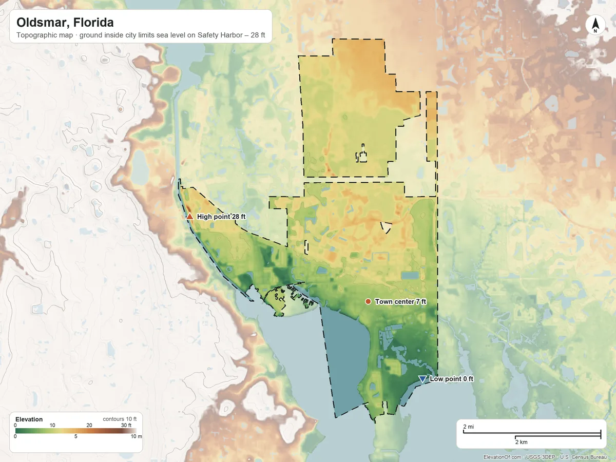 Topographic elevation map of Oldsmar, Florida, shaded from sea level level on Safety Harbor to 28 ft on the northwest side