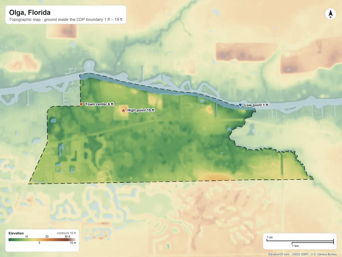 Topographic elevation map of Olga, Florida, shaded from 1 ft on the east side to 19 ft on the east side
