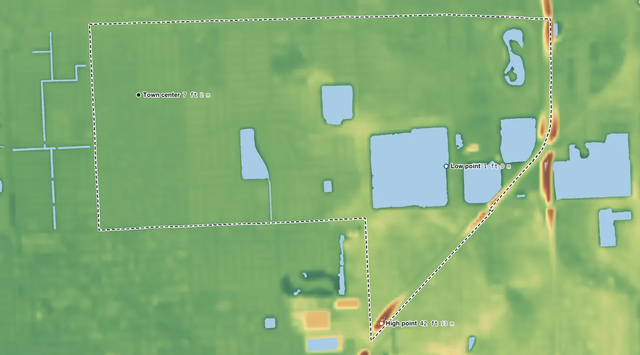 Topographic elevation map of Olympia Heights, Florida, shaded from 1 ft on the east side to 42 ft on the southeast side