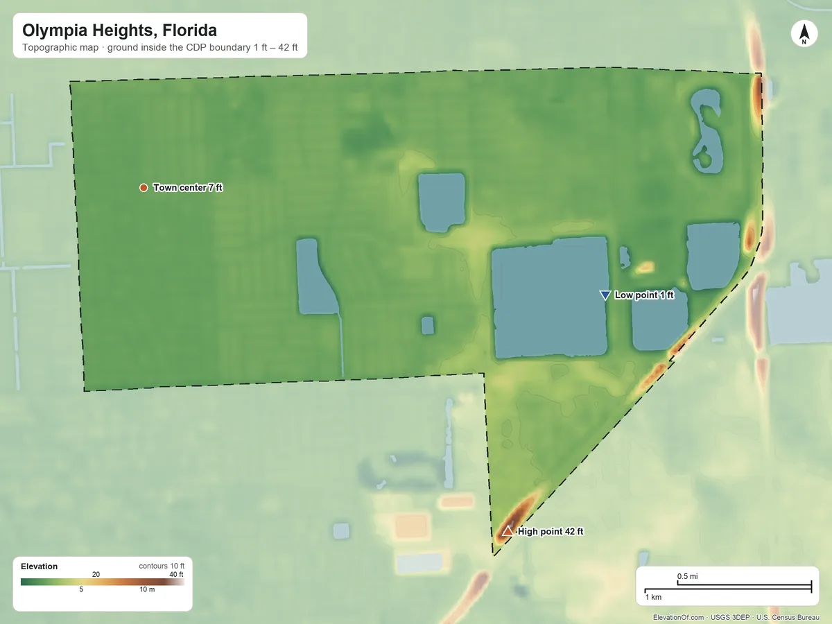 Topographic elevation map of Olympia Heights, Florida, shaded from 1 ft on the east side to 42 ft on the southeast side