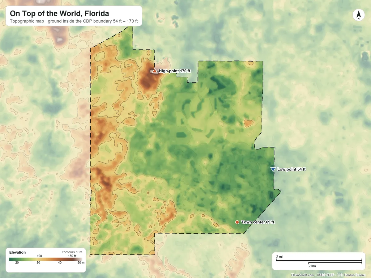 Topographic elevation map of On Top of the World, Florida, shaded from 54 ft on the northeast side to 170 ft on the northwest side