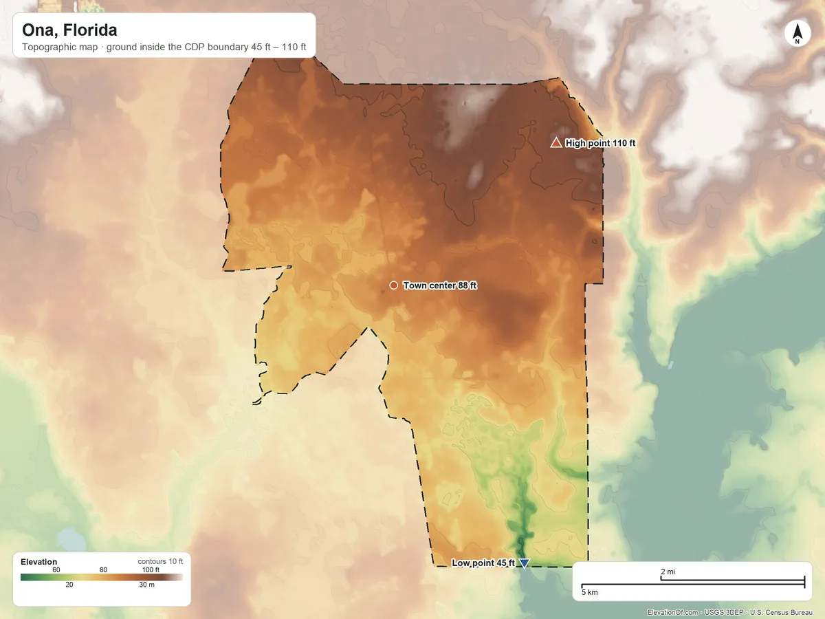 Topographic elevation map of Ona, Florida, shaded from 45 ft on the southeast side to 110 ft on the northeast side