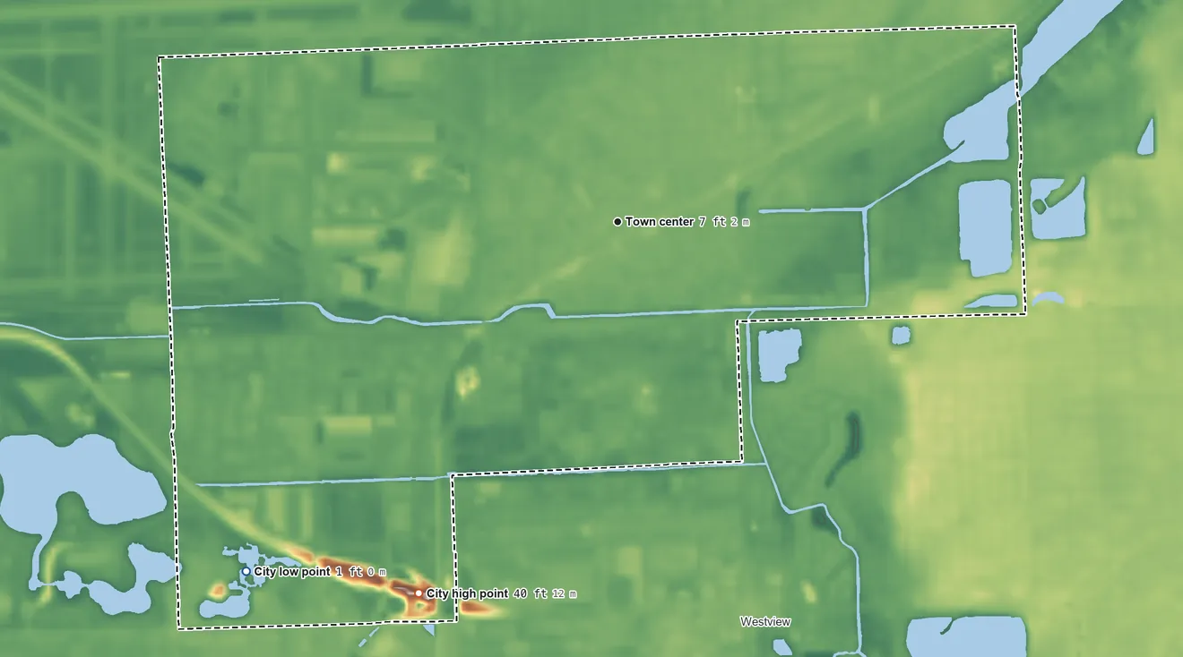 Topographic elevation map of Opa-locka, Florida, shaded from 1 ft on the southwest side to 40 ft on the southwest side