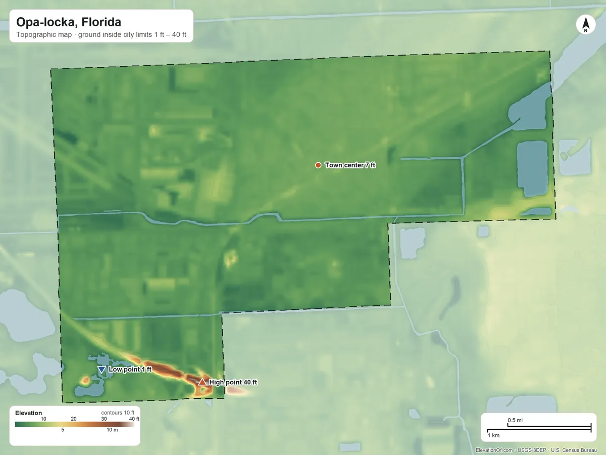 Topographic elevation map of Opa-locka, Florida, shaded from 1 ft on the southwest side to 40 ft on the southwest side