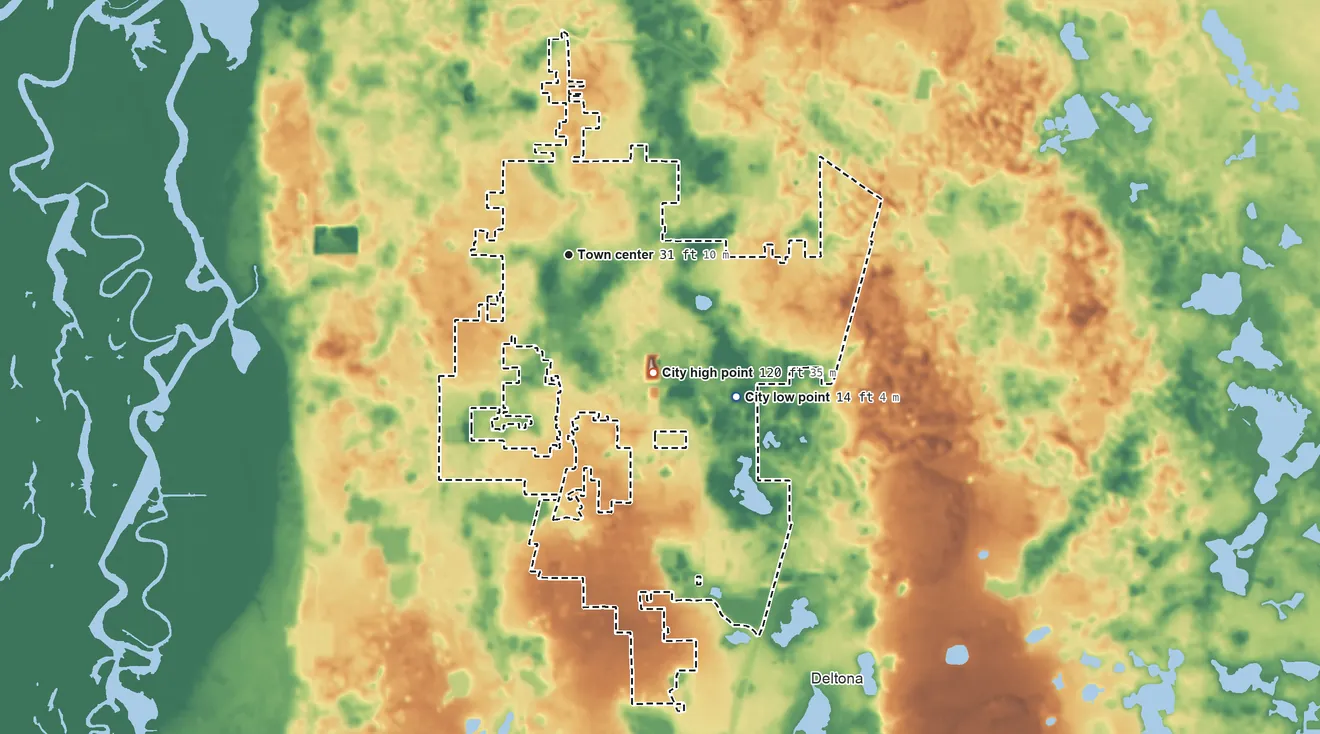 Topographic elevation map of Orange City, Florida, shaded from 14 ft on the southeast side to 120 ft on the southeast side